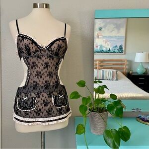 Victoria’s Secret Maid Apron Lingerie 34B Black Floral Lace Blush Satin Bow